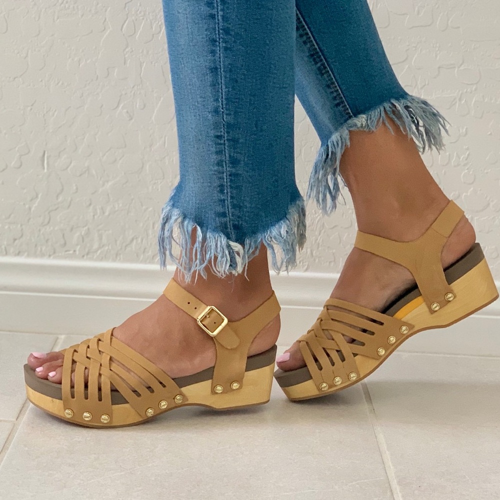 Tan Strappy Nail Studs Wooden Platform Sandal